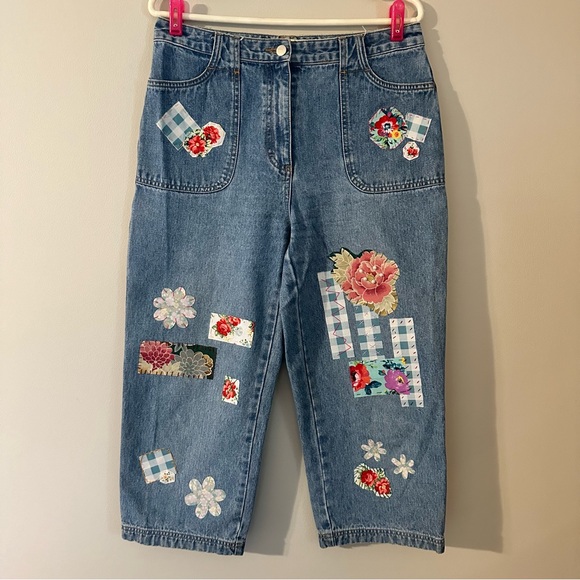Sonoma Capri jeans, size 10 up cycled mixed media Boho, Handstitched OOAK love - Picture 1 of 10